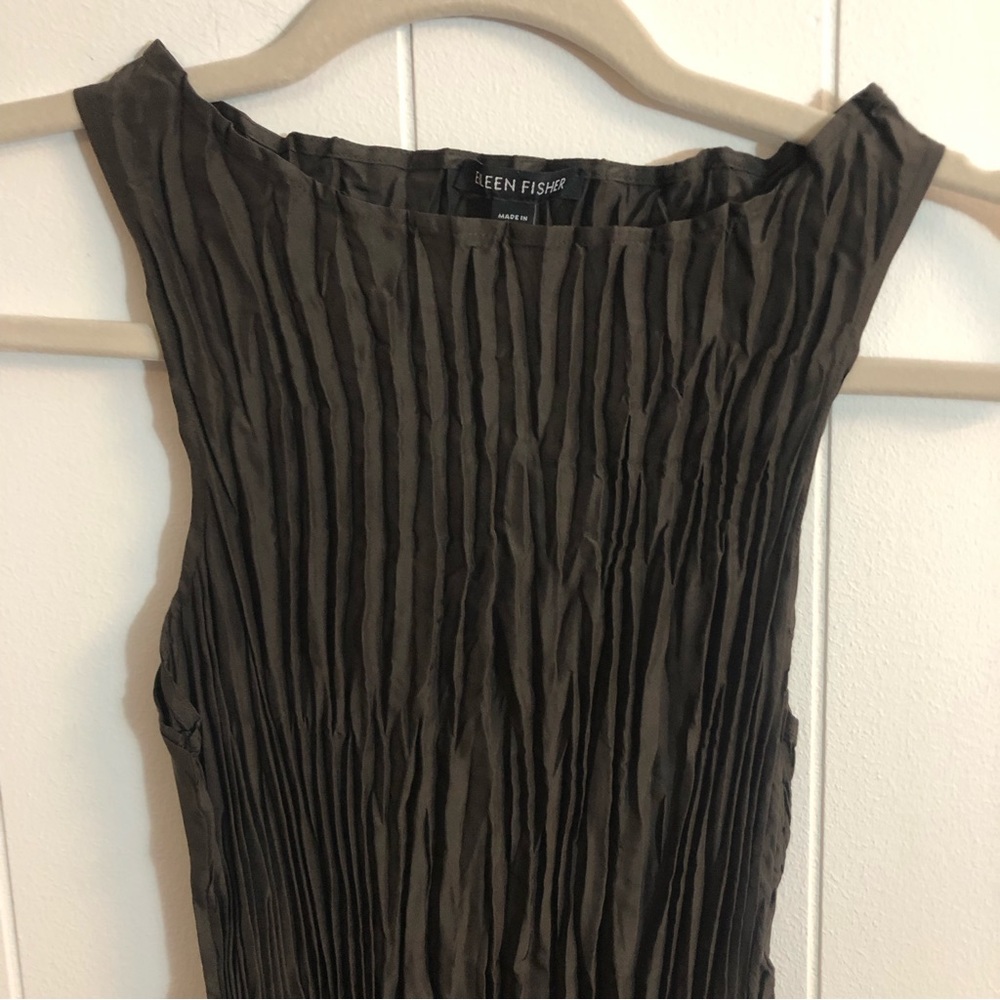 Eileen Fisher Crushed Silk-Plissa Long Tank With Side Slits Espresso XXS - Picture 2 of 6